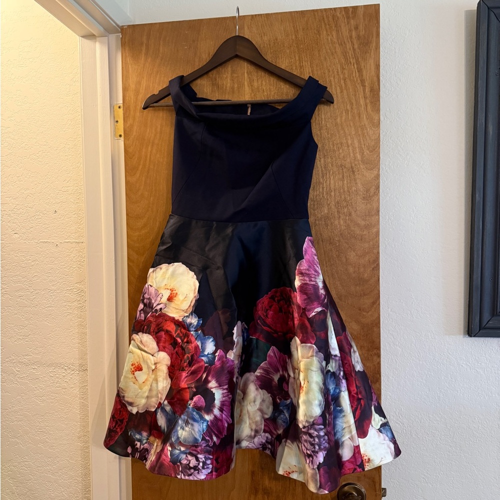 Ted Baker Nersi Navy Bardot Boat Blushing Bouquet Cocktail Skater Dress